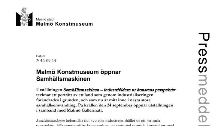 Malmö Konstmuseum öppnar Samhällsmaskinen 