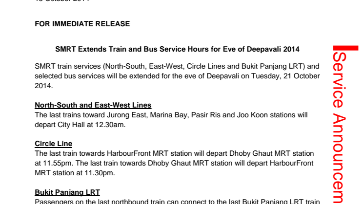 SMRT Extends Train and Bus Service Hours for Eve of Deepavali 2014