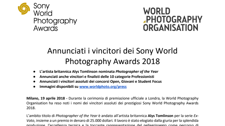Annunciati i vincitori dei Sony World  Photography Awards 2018