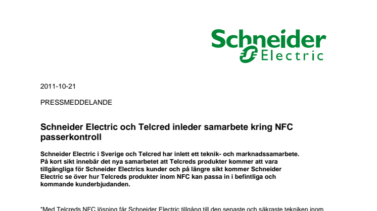 Schneider Electric och Telcred inleder samarbete kring NFC passerkontroll