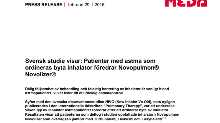 Svensk studie visar: Patienter med astma som ordineras byta inhalator föredrar Novopulmon® Novolizer®