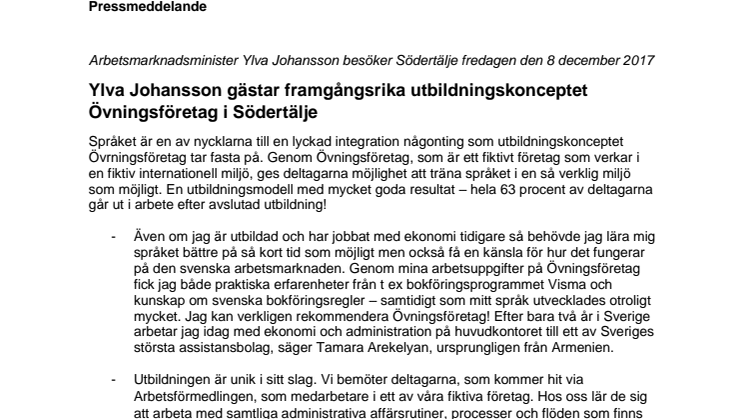 Ylva Johansson gästar framgångsrika utbildningskonceptet Övningsföretag i Södertälje