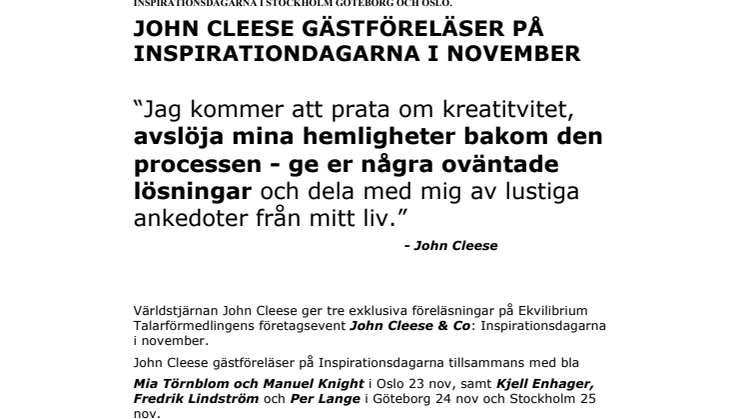 JOHN CLEESE GÄSTFÖRELÄSER PÅ INSPIRATIONDAGARNA I NOVEMBER