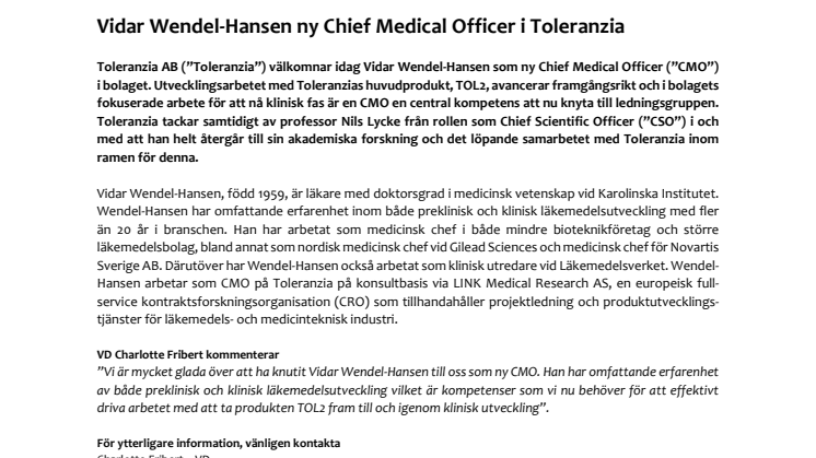 Vidar Wendel-Hansen ny Chief Medical Officer i Toleranzia