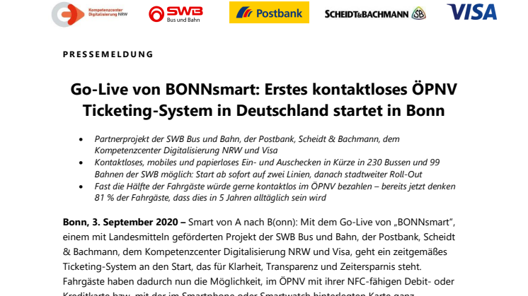 Go-Live von BONNsmart: Erstes kontaktloses ÖPNV Ticketing-System in Deutschland startet in Bonn
