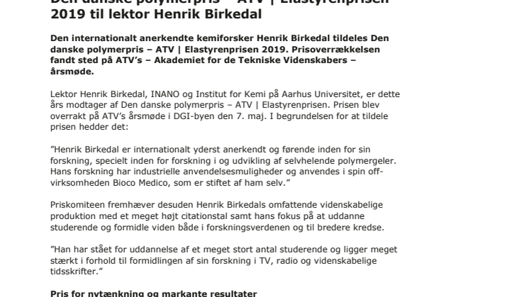 Den danske polymerpris – ATV | Elastyrenprisen 2019 til lektor Henrik Birkedal 