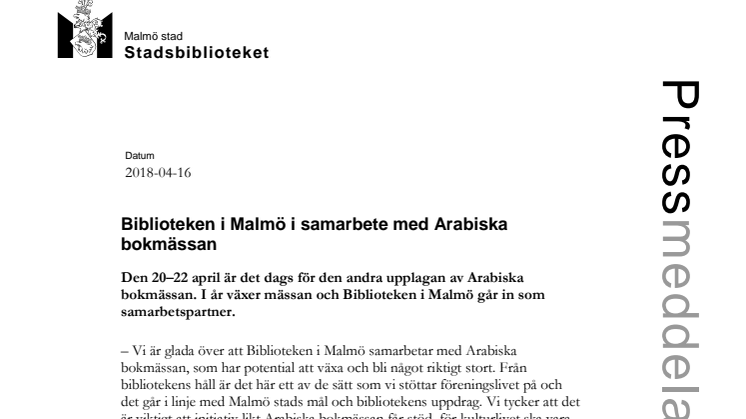 Biblioteken i Malmö i samarbete med Arabiska bokmässan