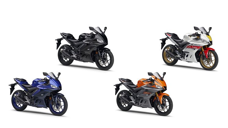 （左より）「YZF-R25 ABS」ブルー、「YZF-R25 ABS」ブラック、「YZF-R25 ABS」オレンジ、「YZF-R25 ABS WGP 60th Anniversary」ホワイト