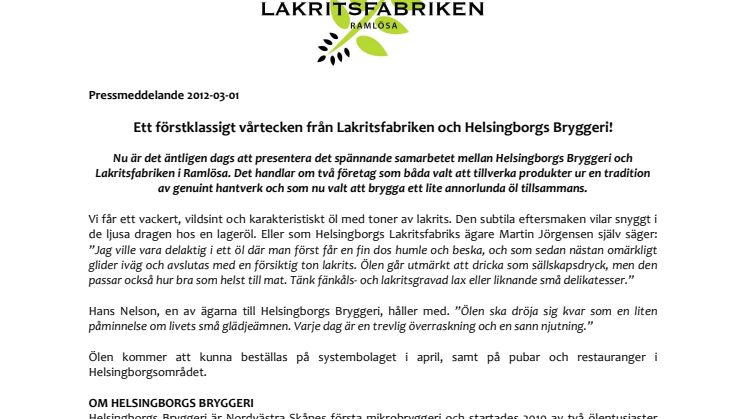 Ett förstklassigt vårtecken från Lakritsfabriken och Helsingborgs Bryggeri!