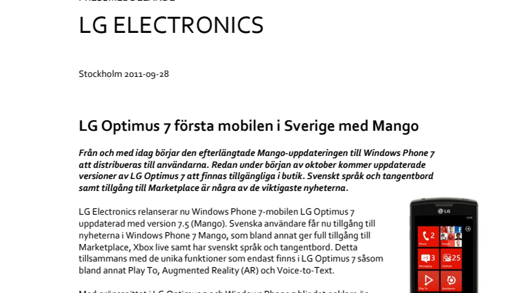LG Optimus 7 första mobilen i Sverige med Mango