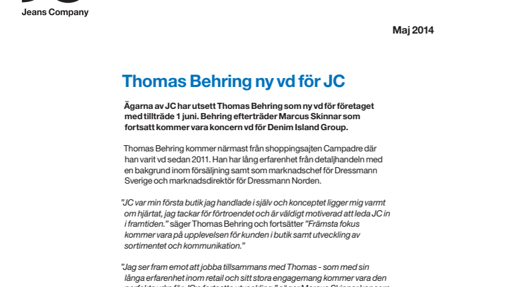 Thomas Behring ny vd för JC