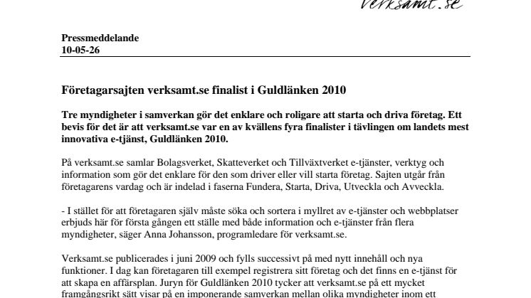 Företagarsajten verksamt.se finalist i Guldlänken 2010