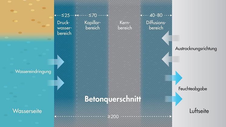 Arbeitsmodell für Feuchtebedingungen in einem Betonbauteil-Querschnitt unter einseitiger Beaufschlagung mit drückendem Wasser (Beton C30/37 (B35 WU)  w/z ≤ 0,55) in Anlehnung an Beddoe/Springenschmid