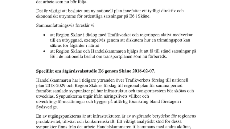 Brev till Regionstyrelsen Skåne angående väg E6 genom Skåne