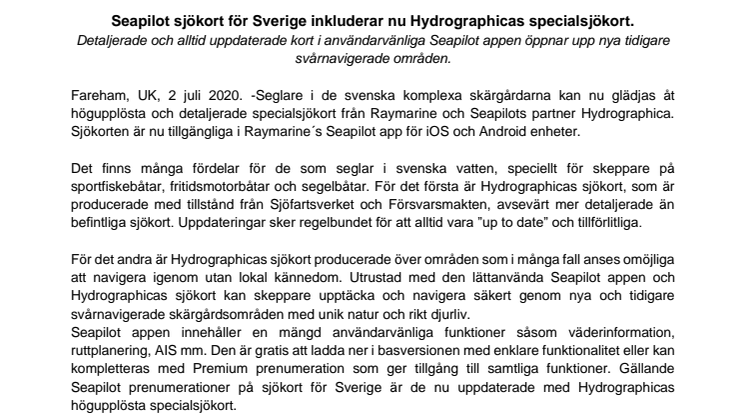 Seapilot sjökort för Sverige inkluderar nu Hydrographicas specialsjökort