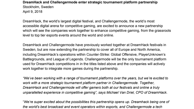 Challengermode and DreamHack enter strategic tournament platform partnership