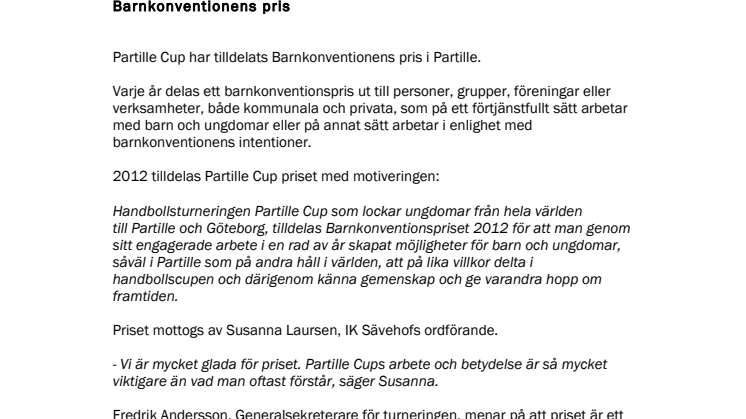 Partille Cup tilldelas Barnkonventionens pris