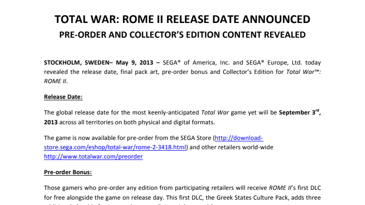 TOTAL WAR: ROME II RELEASE DATE ANNOUNCED - PRE-ORDER AND COLLECTOR’S EDITION CONTENT REVEALED