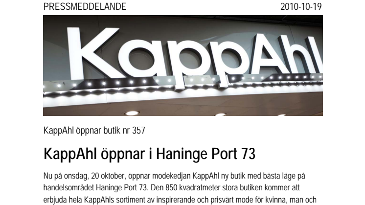 KappAhl öppnar i Haninge Port 73