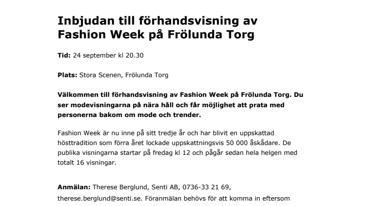 Inbjudan till förhandsvisning av Fashion Week på Frölunda Torg 