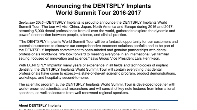 Announcing the DENTSPLY Implants World Summit Tour 2016-2017
