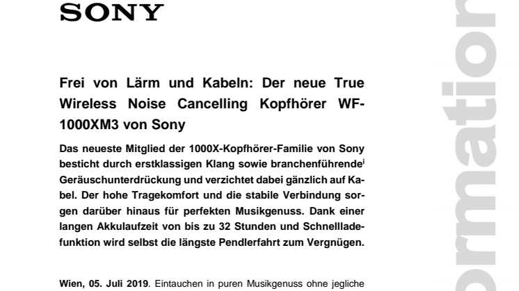 Frei von Lärm und Kabeln: Der neue True Wireless Noise Cancelling Kopfhörer WF-1000XM3 von Sony