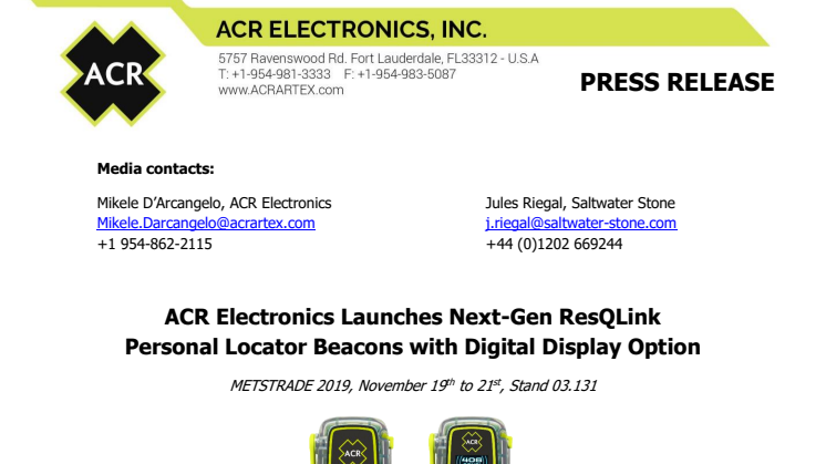 METSTRADE 2019: ACR Electronics Launches Next-Gen ResQLink Personal Locator Beacons with Digital Display Option