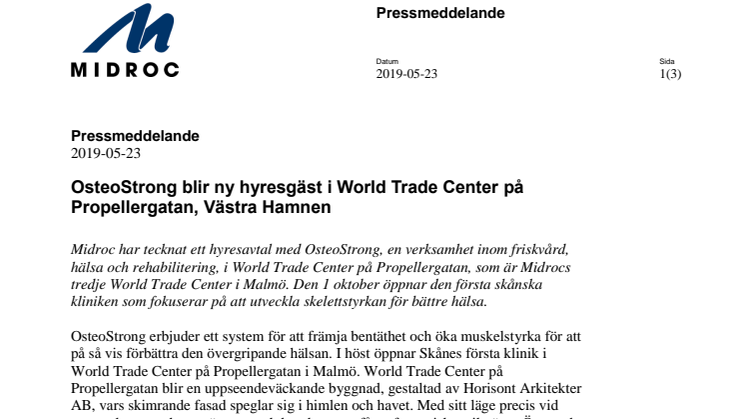 OsteoStrong blir ny hyresgäst i World Trade Center på Propellergatan, Västra Hamnen