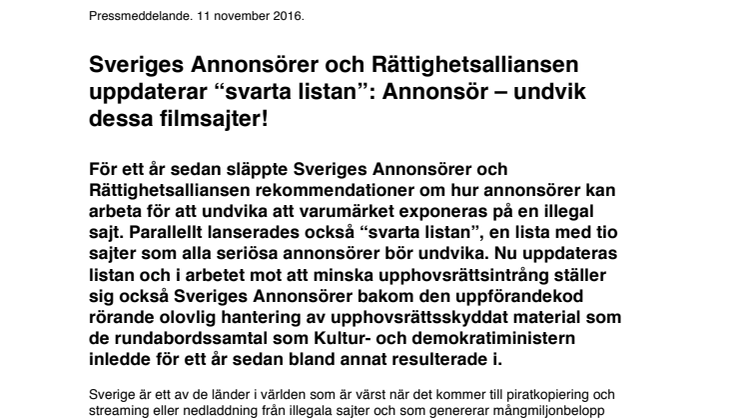 Sveriges Annonsörer och Rättighetsalliansen uppdaterar “svarta listan”: Annonsör – undvik dessa filmsajter!