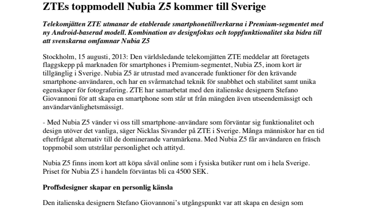ZTEs toppmodell Nubia Z5 kommer till Sverige