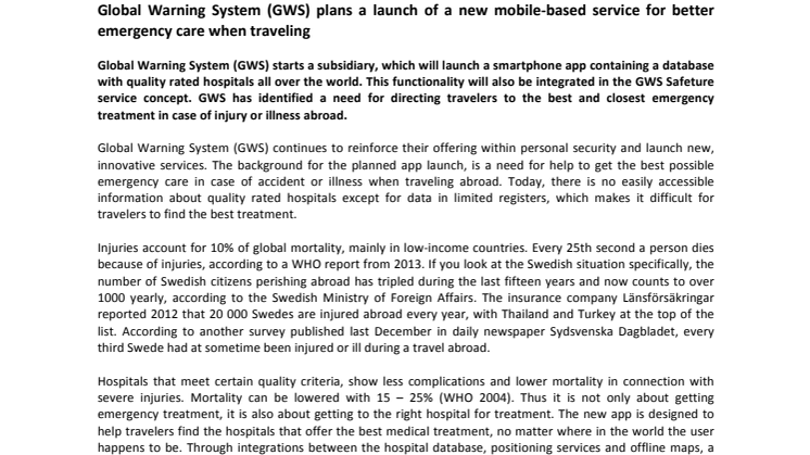 Global Warning System (GWS) plans a launch of a new mobile-based service for better emergency care when traveling