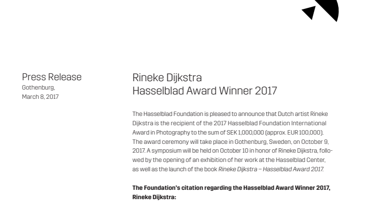 ​Rineke Dijkstra Hasselblad Award Winner 2017