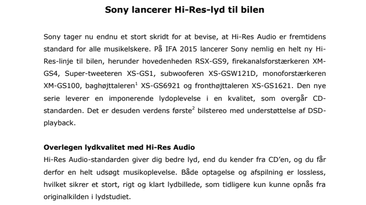 Sony lancerer Hi-Res-lyd til bilen