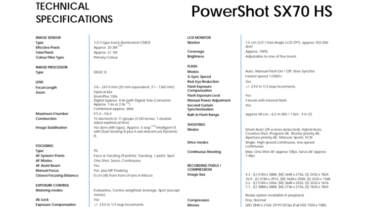 PS SX70 HS_PR_Spec Shee