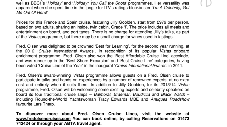 Jilly Goolden to return to Fred. Olsen Cruise Lines for an autumn 2013 ‘Wines of France and Spain’ Vistas cruise