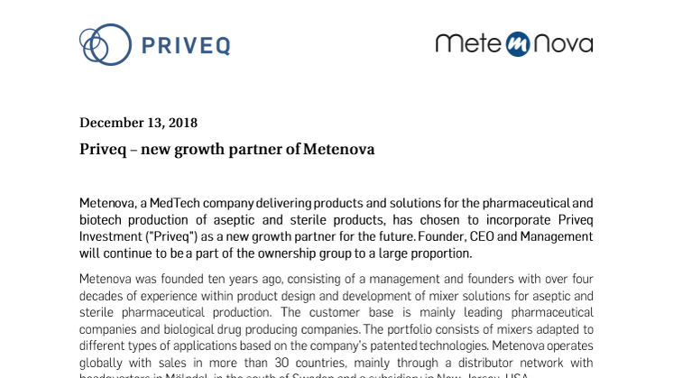 Priveq - new growth partner of Metenova