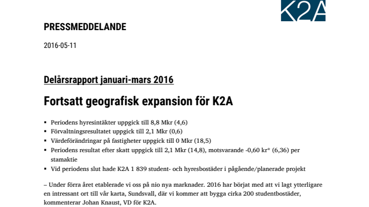 K2A delårsrapport januari-mars 2016