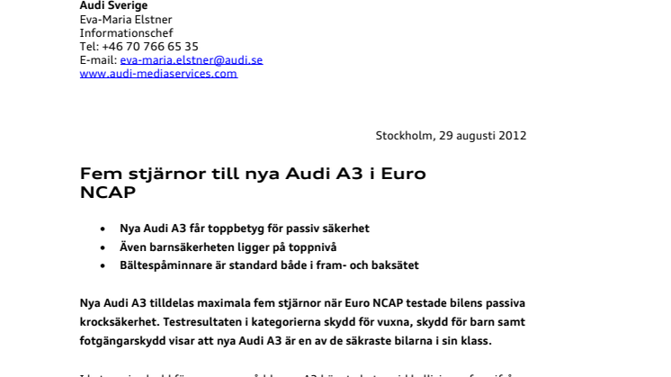 Fem stjärnor till nya Audi A3 i Euro NCAP