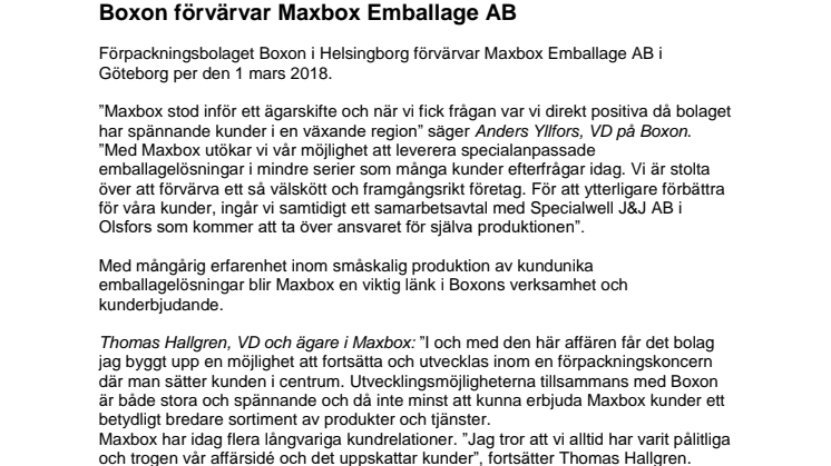 Boxon förvärvar Maxbox Emballage AB