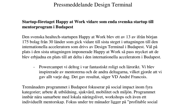 Startup-företaget Happy at Work vidare som enda svenska startup till mentorprogram i Budapest