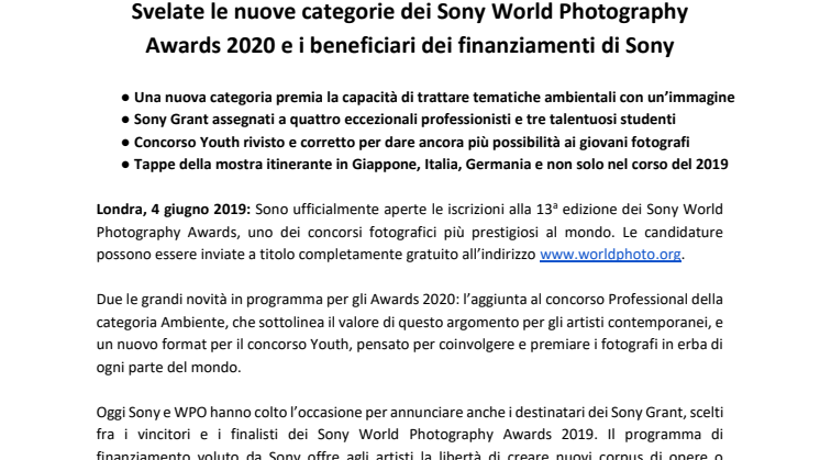 Svelate le nuove categorie dei Sony World Photography Awards 2020 e i beneficiari dei finanziamenti di Sony