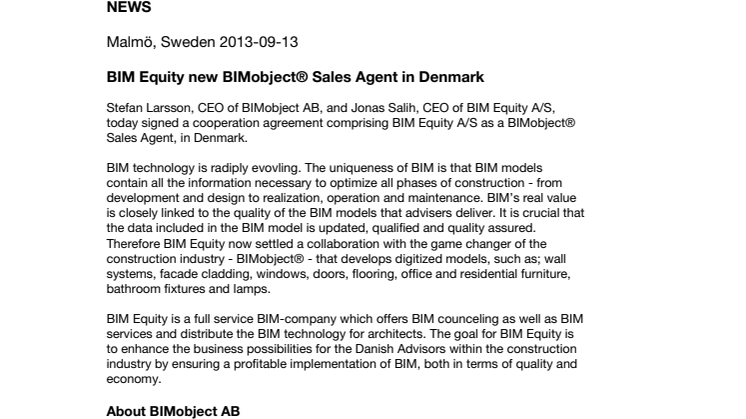 BIM Equity new BIMobject® Sales Agent in Denmark