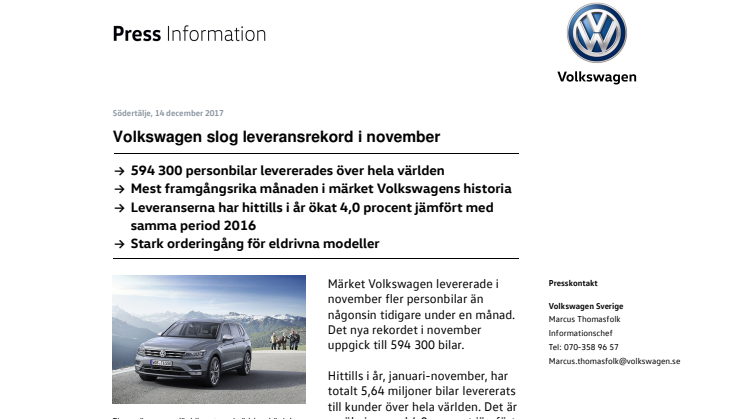 Volkswagen slog leveransrekord i november