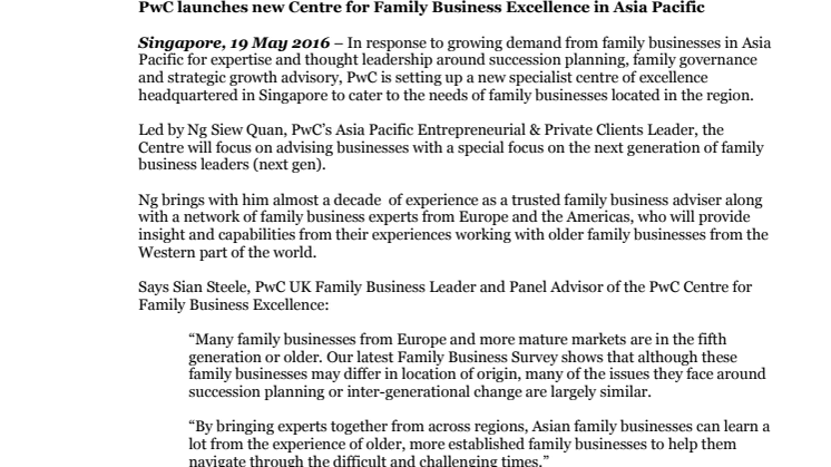 PwC launches new Centre for Family Business Excellence in Asia Pacific