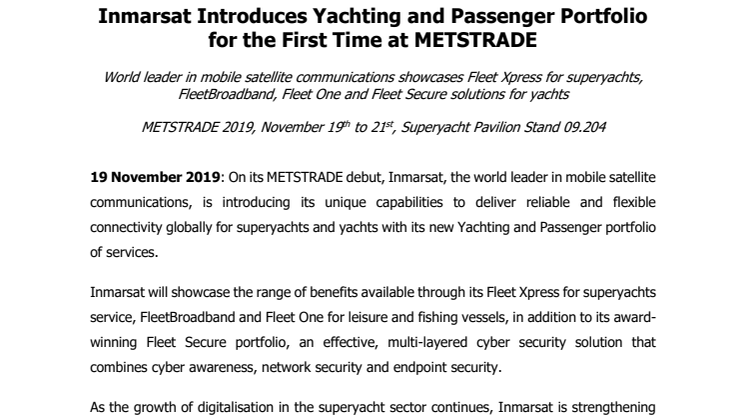 Inmarsat Introduces Yachting and Passenger Portfolio for the First Time at METSTRADE