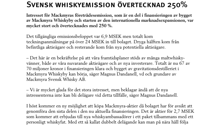 Svensk whiskyemission övertecknad 250%