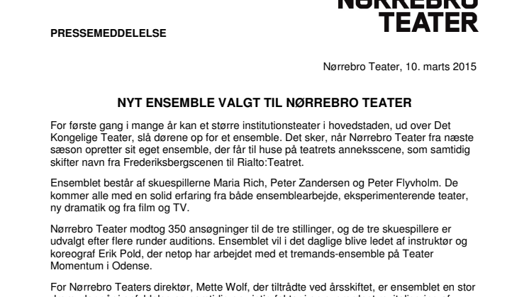 Offentliggørelse af Nørrebro Teaters nye ensemble