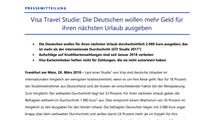 Visa Travel Studie: Die Deutschen wollen mehr Geld für ihren nächsten Urlaub ausgeben