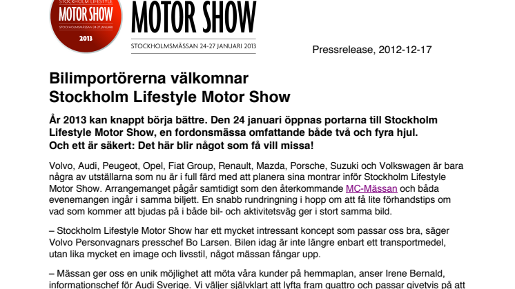 Bilimportörerna välkomnar Stockholm Lifestyle Motor Show 