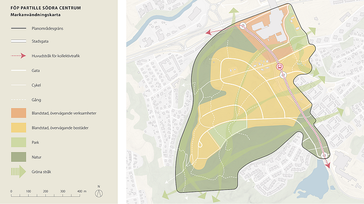 Översiktlig markanvändningskarta för den fördjupade översiktsplanen för Partille södra centrum.